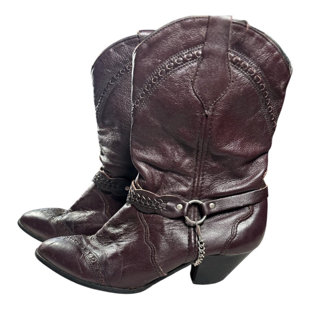 Leather Harness Women’s Vtg Cowboy Boots Western mid-calf Chic Style 8.5 Dressy